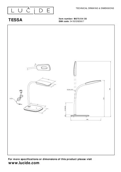 Lucide TESSA - Lampe de bureau - LED Dim. - 1x3,2W 3000K - Noir - technique